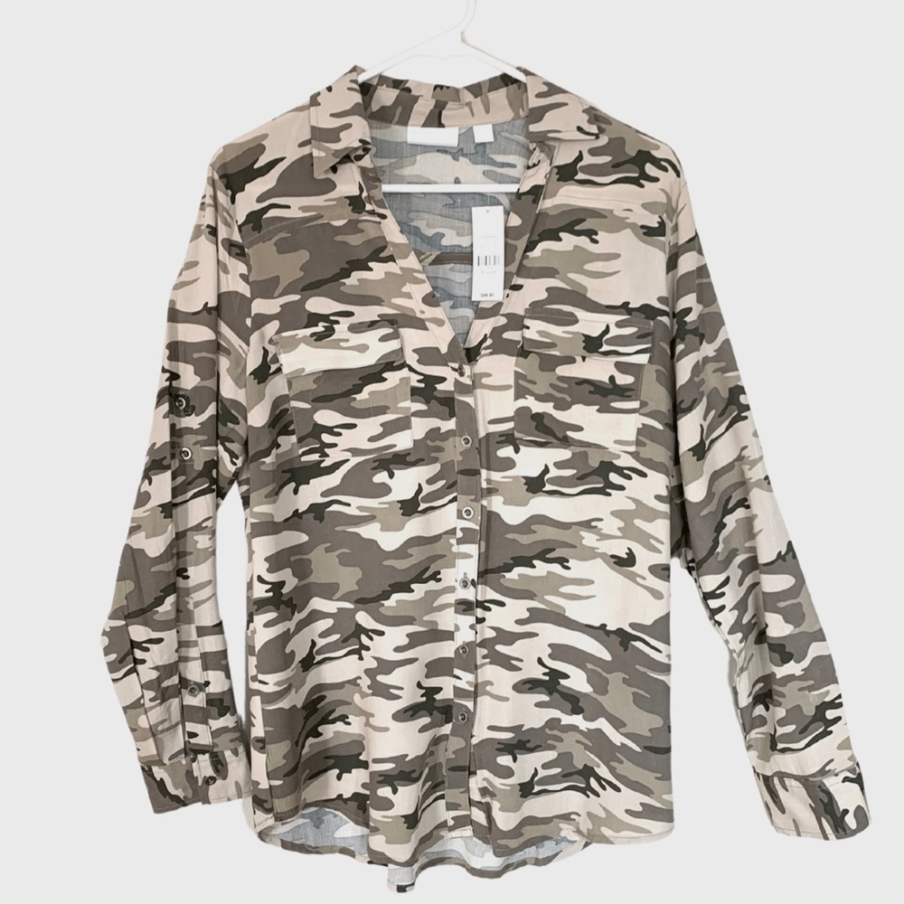 New York & Company Camouflage V-neck Button Down LS Shirt Rayon NWT Medium